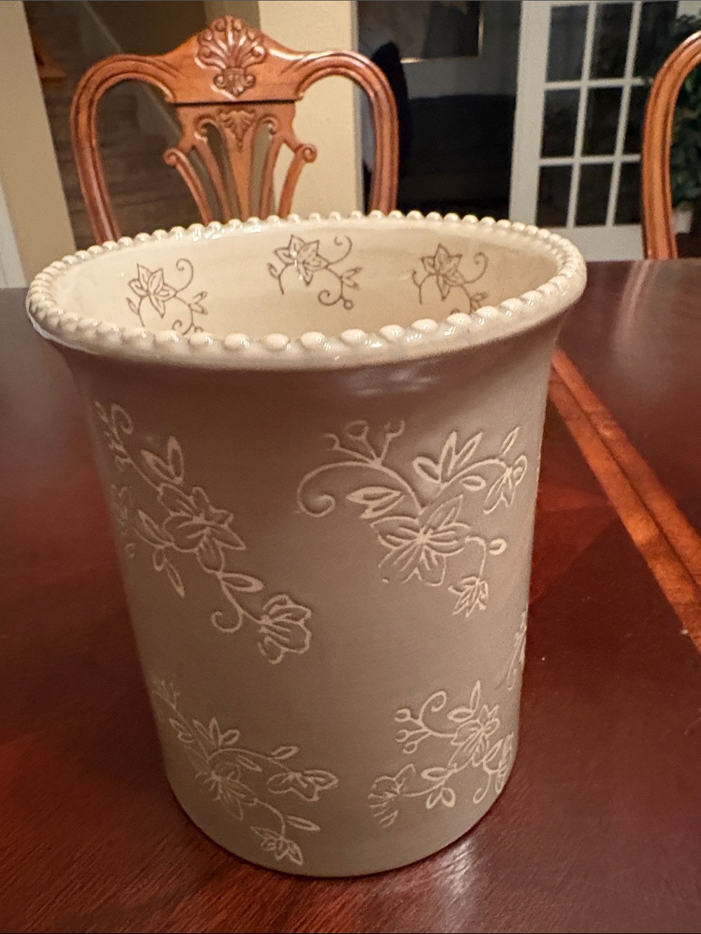 Temptations Taupe Floral Lace Beaded design Utensils Canister